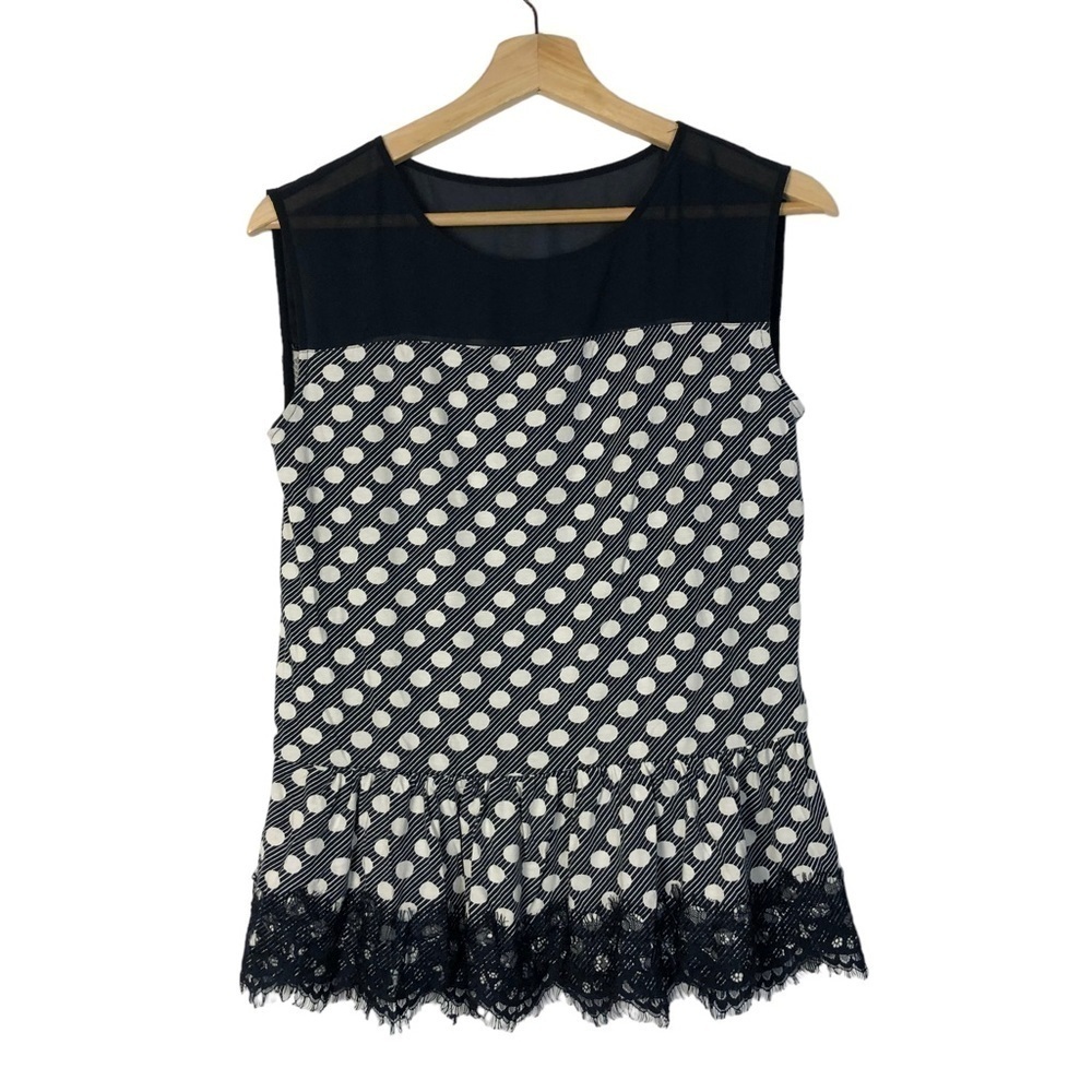 Ann Taylor Navy Blue & White Polka Dot Peplum Tank Top S